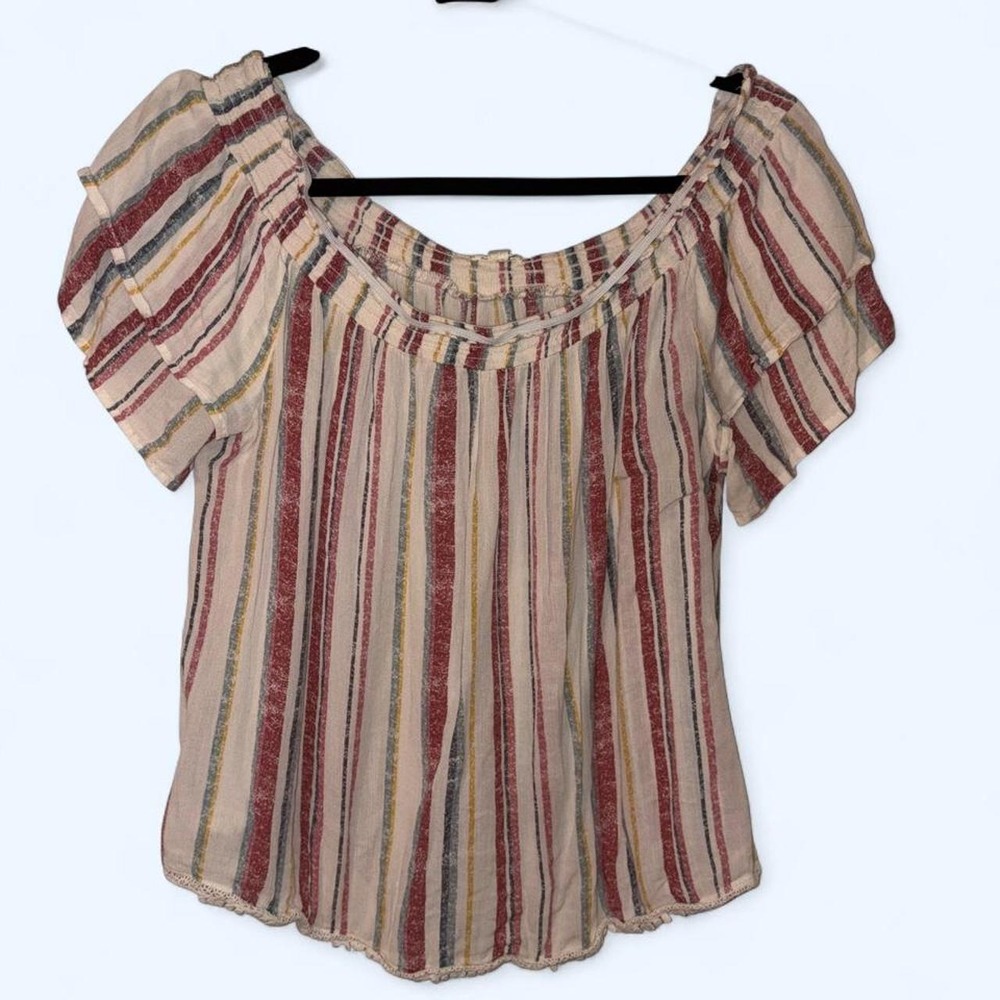 Mason & Belle white, red, and blue striped blouse with ruffle sleeves in size L